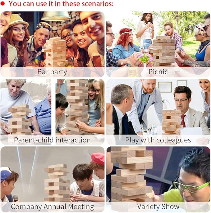 Nattork Giant Tumbling Tower (Stack from 1.77Ft to 4+ Ft), Wood Stacking Giant Blocks Game| Made from Premium Pine Wood| Ideal for Family, 54PCS