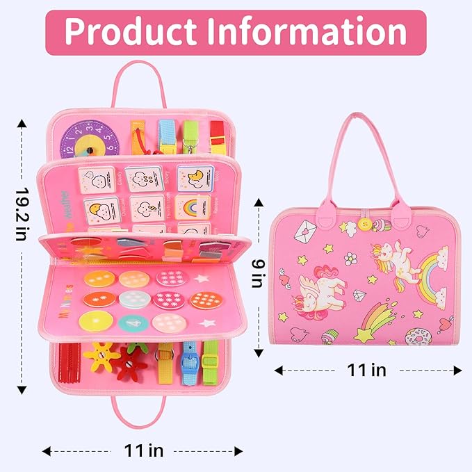 Busy Board, 7 in 1 for 3+ Years Old, 91Pcs Montessori Board to Learn Fine Motor Skills, Sensory Board, Preschool Educational Toys for Toddler Travel - Pink