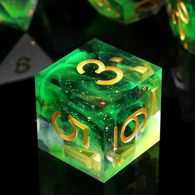 Haxtec Glitter DND Dice Set Sharp Edge Dice with Dice Case Handmade Green Resin D&D Dice Set for TTRPGs Dungeons and Dragons Gifts