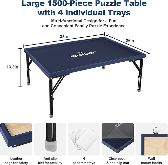 1500 Piece Puzzle Table with Folding Legs, 2 in 1 Tiltable Jigsaw Board, Clear Cover & 4 Independent Trays, Portable Wooden Design with Leather Edging, Perfect for Family Fun & Game Table (26‘’ x 35')