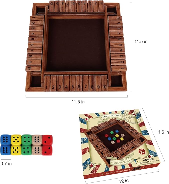 GOTHINK Shut The Box Dice Game, 2-4 Player 11.5-inch Wooden Board Table Math Game with 10 Dices - Math & Decision Skills for Adults/Kids, Perfect for Home Class Parties & Pubs - Classic Tabletop Fun