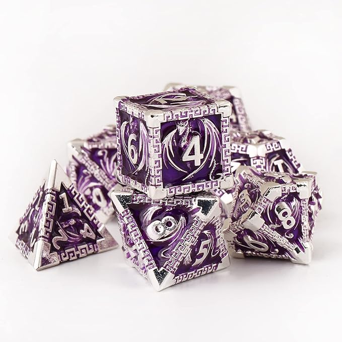 DND Dice Metal Dragon Set,Unique Dragon Design Dice with Gift Dice Bag for Dungeons & Dragon Games,Magic The Gathering,D and D D&D Dice Set (Silver Purple)