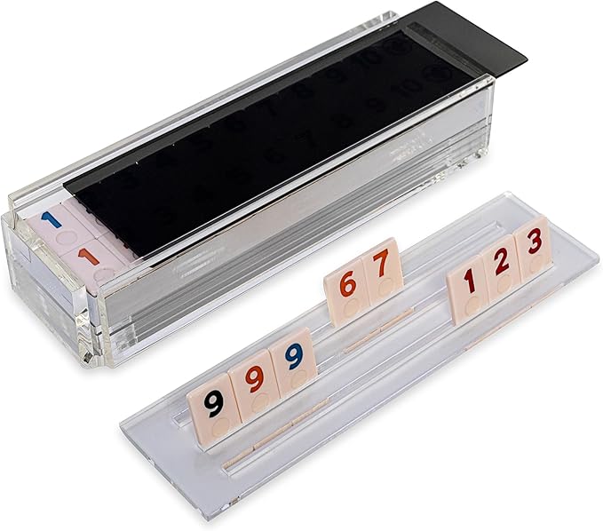 Luxury Rummy Tile Set Game in Handmade Acrylic Case with 4 Racks Included (Smoke)