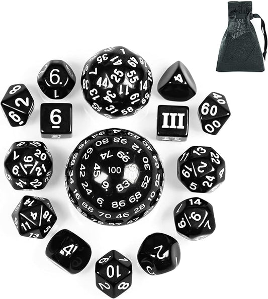 15 Pieces Complete Polyhedral DND Dice Set D3-D100 Spherical D&D Dice Set with Dragon Eye Dice Bag, D100 Dice for Dungeons and Dragons, RPG, MTG Table Games(Black w/White Numbers)