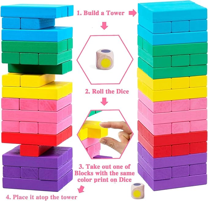 48 Pieces Stacking Board Game,Wooden Stacking Colorful Stacking Board Games,Tumble Tower with Dice,Stacking Building Blocks for Kids Boys Girls Gifts,Stacking Game with Storage Bag