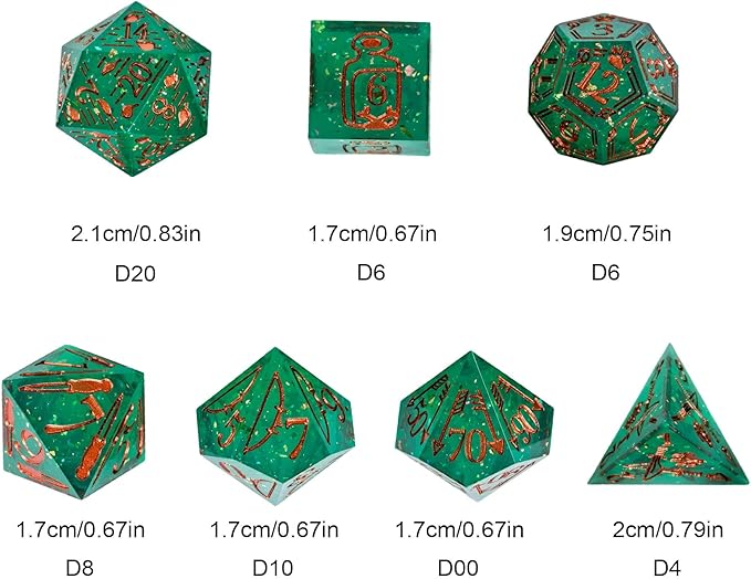 Cusdie 7-Die Sharp Edges DND Dice Set, Ranger Pattern Polyhedral D&D Dice Set for DND Dungeons and Dragons TTRPG Role Playing Games(Green w/Rose Gold Ranger Pattern)