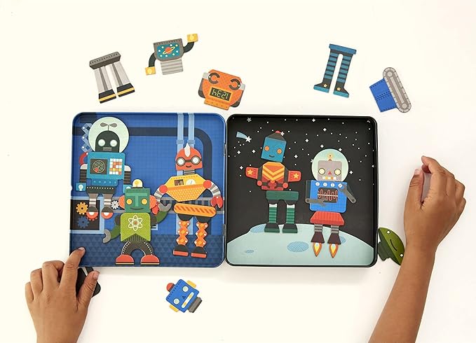 Petit Collage Magnetic Play Set, Robot Remix – Mix & Match Magnetic Game Board, Ideal for Ages 3+ – Includes 2 Magnetic Scenes and over 25 Magnet Pieces, Ideal Travel Activity for Kids
