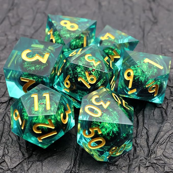 DND Dragon Eye Dice Set 7PCS Handmade Sharp Edge Resin Dice for Dungeons and Dragons Table Games with Gift Case (Rotating Green Eye)