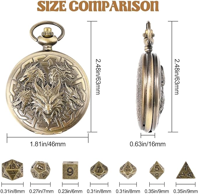 D&D Dice Set,7PCS Metal Dice for Dungeons and Dragons,Mini Dice Set with Pocket Watch Case,Role Playing Board Games Accessories (Dragon, Bronze)