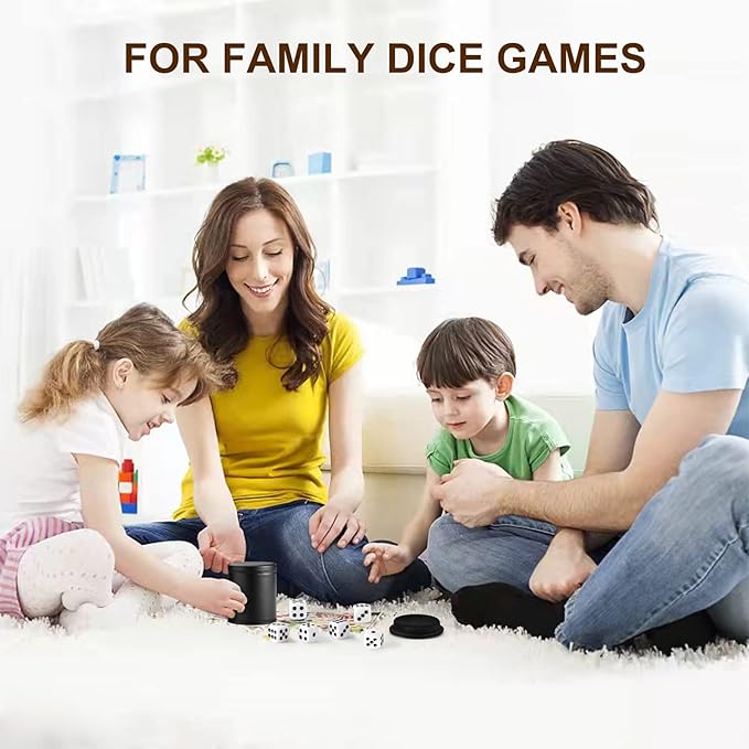 Felt Lined Dice Cup PU Leather Set, Quiet Shaker for Dice Board Family Games Yahtzee Farkle, Set of Six 16mm Rolling Dice Included