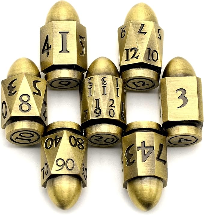 Bullet Dice Set, DND Dice Metal Revolver，ZHOORQI D6 Gun Dice D&D Gifts for Dungeons and Dragons, RPGs(7-Bronze)