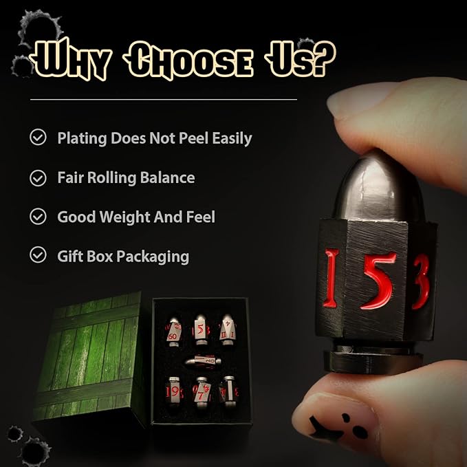 Bullet Dice Set, DND Dice Metal Revolver，ZHOORQI D6 Gun Dice D&D Gifts for Dungeons and Dragons, RPGs(7-Red Number)