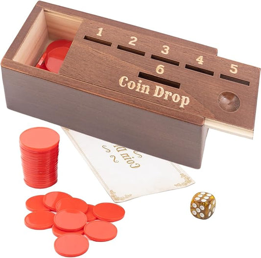 Coin Drop Game for 2-6 Players,Penny Game Contains 50 Coins,Wooden Game Box and 1 Dice,Coin Game,a Fun Board Game to Interact with Family and Friends