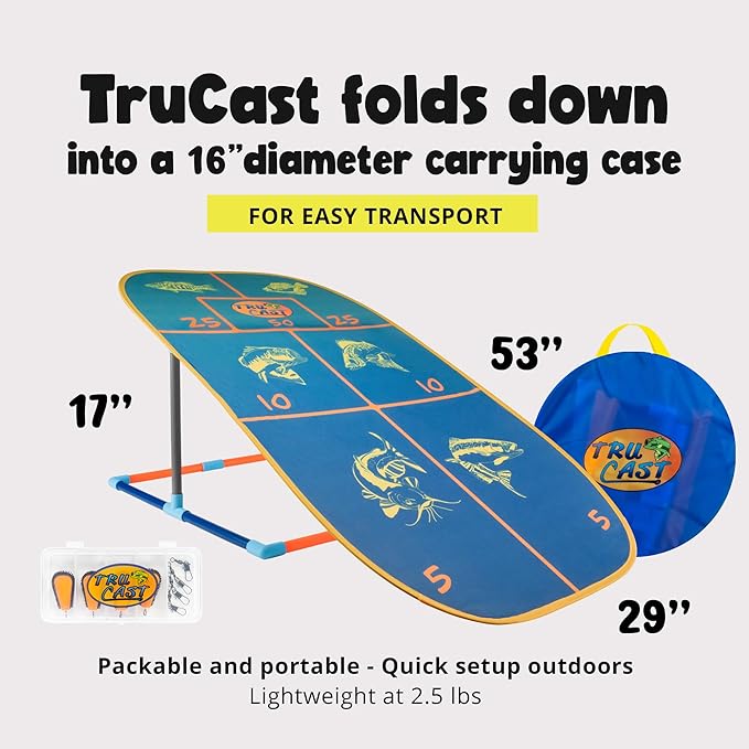 TruCast Outdoor Fishing Game, Portable Kids Fishing Game with Velcro Lures and Foldable Flat-Pack Target Board, Compact Kids Fishing Rod Travel Set, 17"x53"x29"