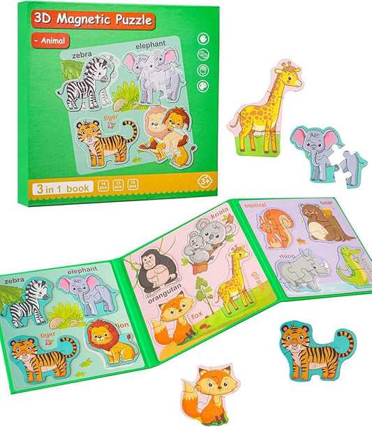 Magnetic Puzzles for Toddlers 1-3, Travel Puzzles for Kids Ages 3-5, Animal Activities Toy Wooden Jigsaw Puzzles Book for Boys & Girls 2-4, Learning Magnet Gift for Road Trip (Animal)