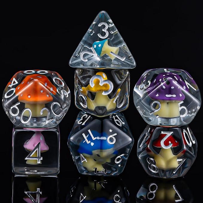 Resin Mushroom D&D Dice Set, Polyhedral Dice 7pcs (D4, D6, D8, D10, D12, D20, D%) for Dungeons and Dragons, RPG, MTG Role Playing Games