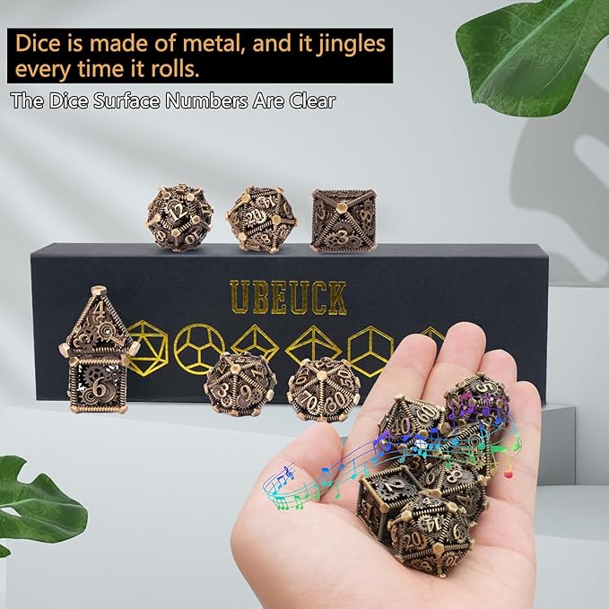 DND Metal Dice Set, UBEUCK 7PCS Gear Metal DND Dice Set for Dungeons & Dragons Board Games Boxes(Bronze Gear)