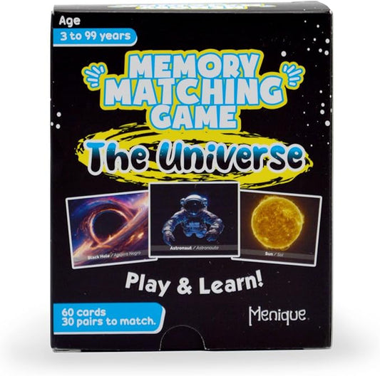 Menique Universe Memory Matching Game – 60 Cards (30 Pairs) – Bilingual Space Game with Planets, Stars & More – Educational for Kids and Adults