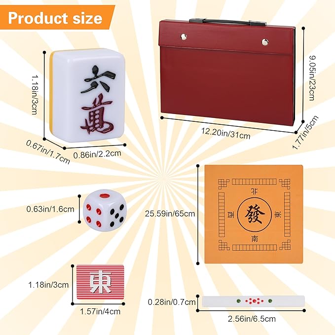 Japanese Riichi Mahjong Set, White and Yellow Tiles - with Red Box, East Wind Tile, Set of Scoring Sticks, Dices, and Mahjong mat.