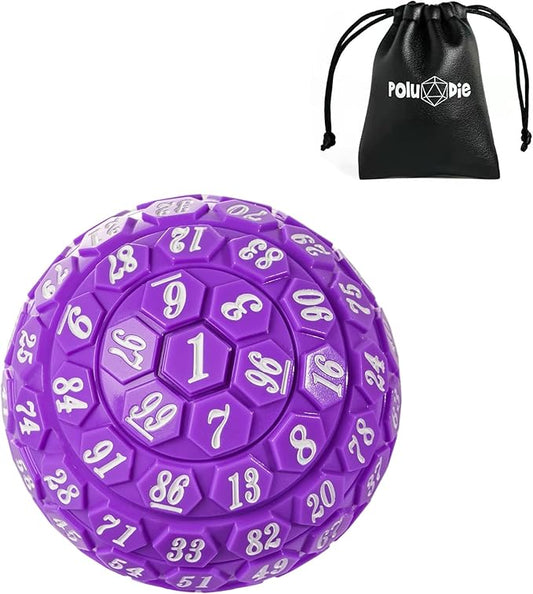 100 Sided Polyhedral Dice, Single D100 Game Dice, 100 Sided Cube with Black Pouch, D100 die 48 mm (Opaque Purple with White Number)