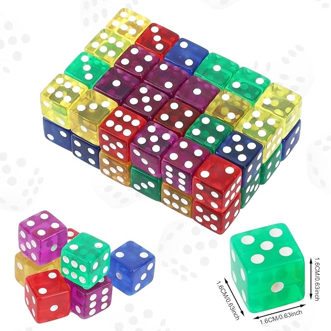 50pcs 16mm Game Dice, D6 Six Sided Dice Set Colored Casino Dice Translucent Acrylic Dados for Yahtzee,Tenzi, Farkle, Bunco, DND, MTG, RPG,Table Board Game or Teaching Math