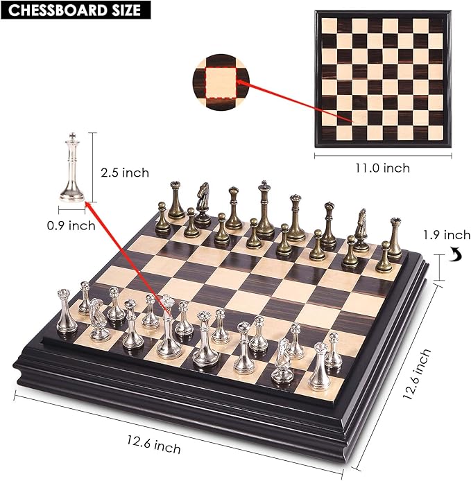 AMEROUS 12.5 inches Wooden Chess Set with Metal Chess Pieces，Classic Board Game w/ 2.5'' King/Storage for Chessmen/Instructions, Chess Sets for Adults, Kids, Beginner