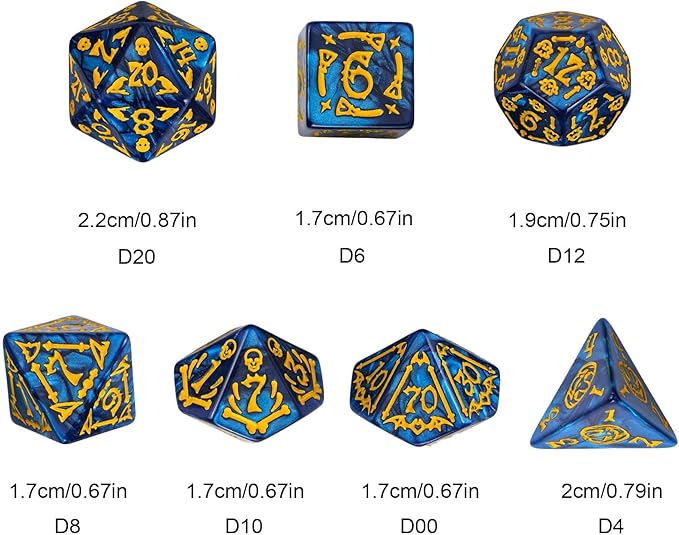 7-Die DND Dice Set Halloween Pattern Polyhedral Dice Set with Leather Bag, Skull Dice D&D Dice Set for Dungeons and Dragons RPG Table Games (Halloween Pattern-Blue)