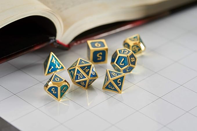 Metal DND Dice Set Blue/Gold Polyhedral Dice with Polished Tin Carrying Case for Table Top Games D&D Dungeons and Dragons Role Playing Games