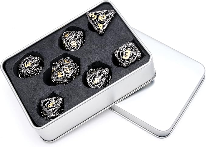 Hollow Metal DND Game Dice Black and Gold Numbers 7Pcs Set for Dungeons and Dragons RPG MTG Table Games D&D Pathfinder Shadowrun and Math Teaching (with Metal Case)