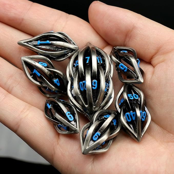 Arcanum DND Dice, Hollow Metal Dice Set D&D for with Box for Dungeons and Dragons Polyhedral Role Playing D and D Dice for Tabletop RPG D20 D12 D10 D8 D6 D4 (Arcanum Blue Number)