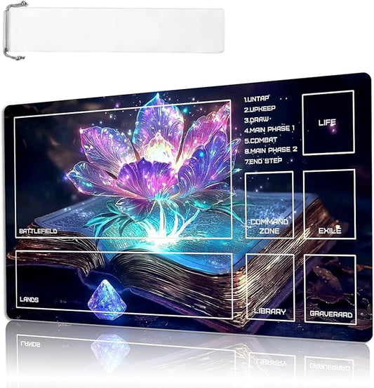 MTG Playmat Size 23.6x13.8in with Storage Bags Portable Playmat TCG and Board Game Mat for Cards Rubber Base Slip-Resistant Mousepad Desk Mat (Magic Lotus Flower,with Zone)
