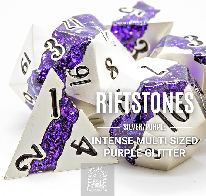 Sage's Portal Metal Riftstone DND Dice 7-PC Polyhedral Dice Set for DND TTRPG Dungeons and Dragons Pathfinder Oversized Designer Dice (Pearl Silver/Purple)