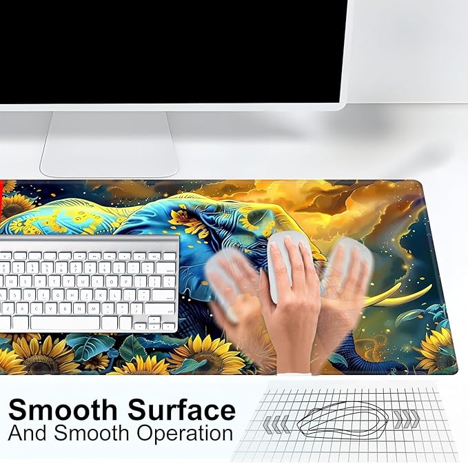 Base for MTG Playmat for Trading Card Games, Non-Slip Rubber Smooth Surface with Stitched Edges, Durable Desk Pad for Card Games, Custom Playmat Anime Playmat, Elephant in Sunflower Field