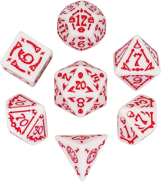 7-Die DND Dice Set Halloween Pattern Polyhedral Dice Set with Leather Bag, Skull Die D&D Die for Dungeons and Dragons RPG Table Games (Halloween Pattern-White/Red Number)