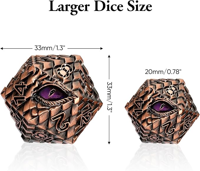 Dragon Eye Scale DND Metal Dice,33mm 20 Sided Giant D20, Large Polyhedral Dice, D&D Metal Dice Set for Dungeons and Dragons, RPG, MTG & Tabletop Games(Golden with Purple Eye)