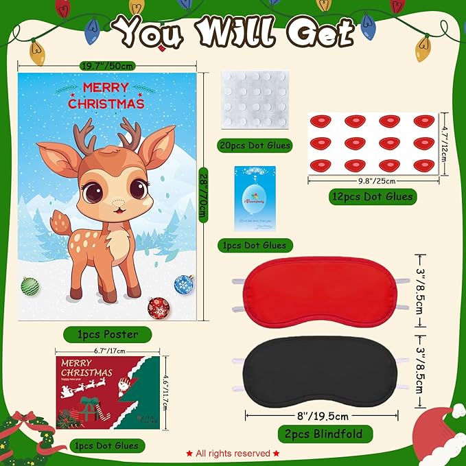 Christmas Games for Families, Pin the Nose on the Reindeer, Christmas Stickers Games for Families Adult Kids Party Favors Supplies and Xmas Gifts New Year Activities Decor with 12pcs Nose Stickers