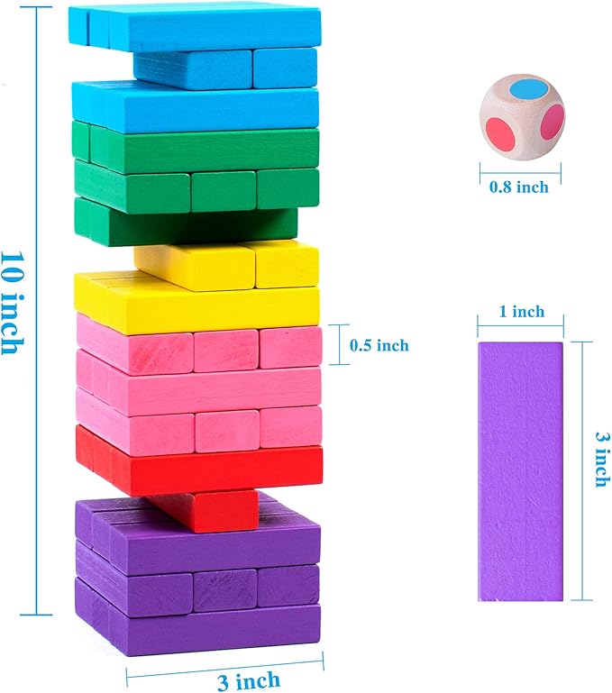 Stacking Board Game,Colored Wooden Stacking Game,48PCS Tumble Tower With Dice,Colorful Stacking Block Party Game,Educational Stacking Building Blocks For Kids,Stacking Gifts Set For Boys Girls Adults