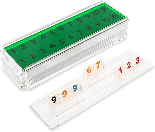 Luxury Rummy Tile Set Game in Handmade Acrylic Case with 4 Racks Included (Green)