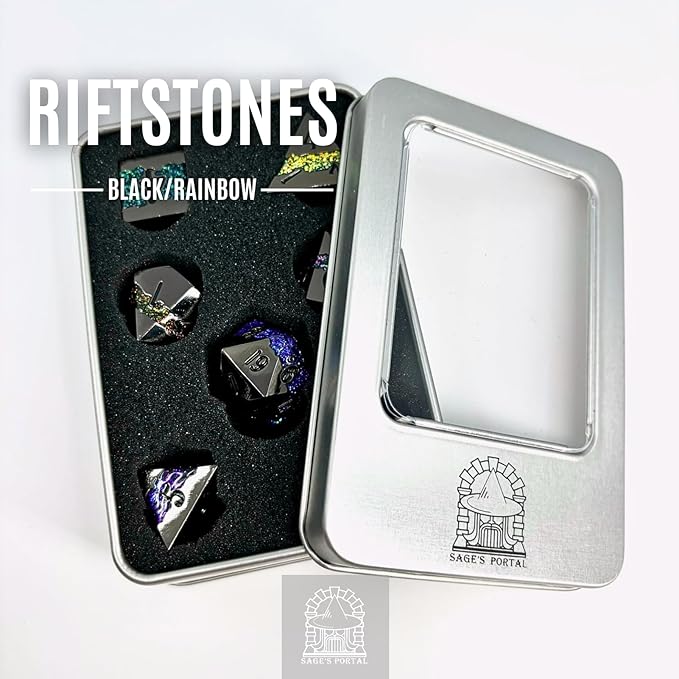 Sage's Portal Metal Riftstone DND Dice 7-PC Polyhedral Dice Set for DND TTRPG Dungeons and Dragons Pathfinder Oversized Designer Dice (Gloss Black/Rainbow)