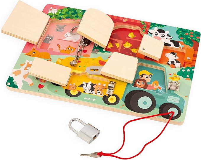 Janod J07119 Farm Padlock Activity Board with 5 Opening Types of Wooden Toys, FSC- from 3 Years, Multi-Coloured