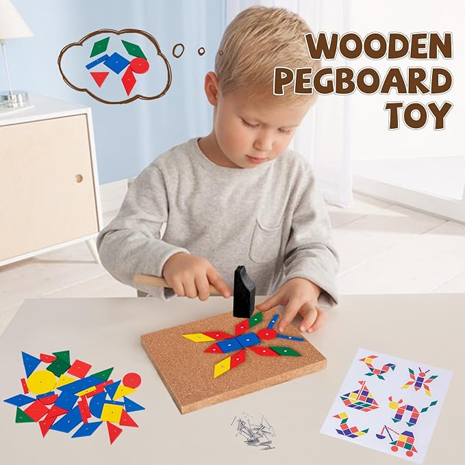 Adena Montessori Hammer and Nail Toys Wooden Pegboard Puzzle for 4-6 Year Olds
