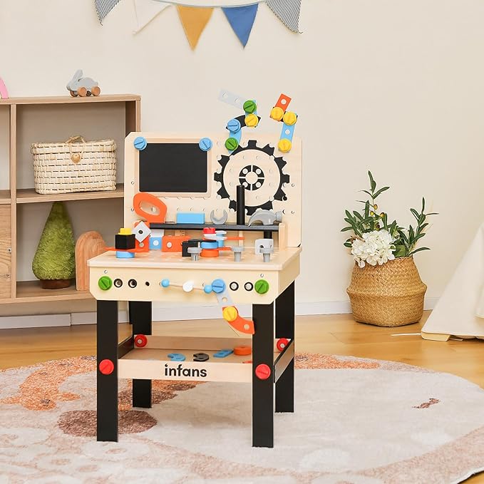 INFANS Tool Bench Set for Toddlers, Kids Wooden Workbench with Blackboard Construction Building Tools and 75 Accessories, Creative Realistic Pretend Play Workshop Gift for Boys Girls