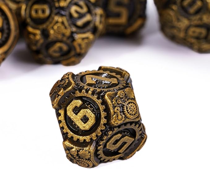 Metal Dice Set D&D, 7-Die DND Dice Metal Gear Dice with Gift Bag for DND Dungeons and Dragons Role Playing Games(Antique Gold)