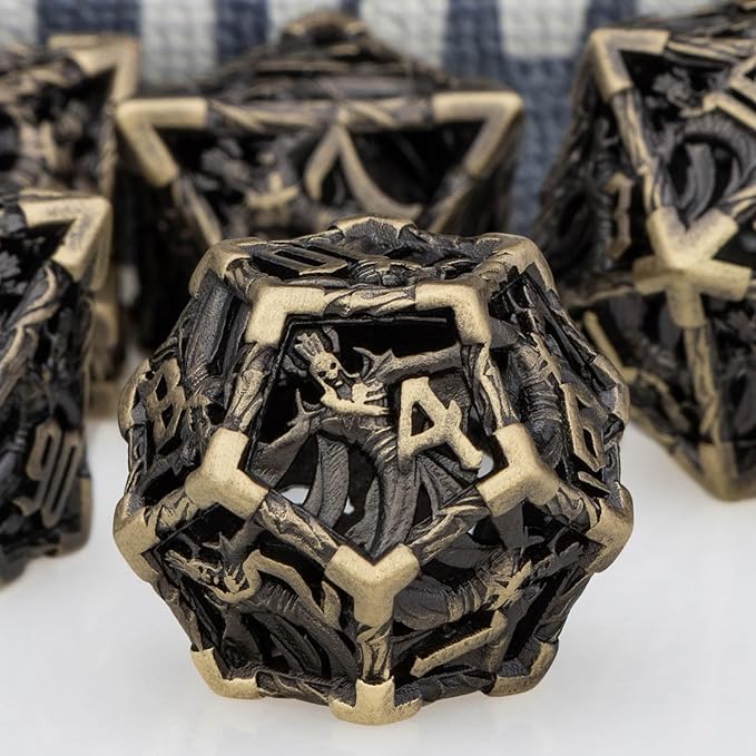 Hollow DND Dice Set Metal Wizard Dice with Box, 7pcs Bronze Polyhedral D and D Dice for use with D&D RPG Tabletop Games Role Playing Game