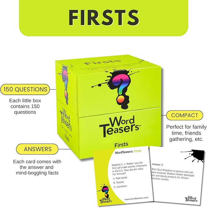 ? WORD TEASERS Firsts - Trivia Game About The First Time Things were Done - Fun & Historical Conversation Cards - Party Trivia Cards for Families & Friends- 150 Questions