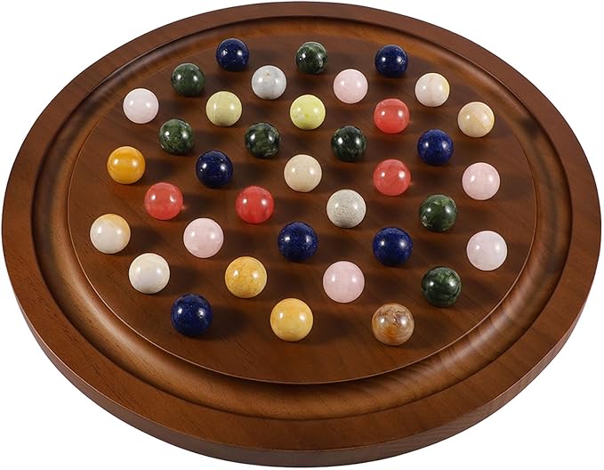 15.7 Inches Extra Large Solitaire Marble Game Set Wood with 36 Multicolors Natural Stone Marbles Pieces Adults Classic Deluxe Game for Night Party and Gatherings