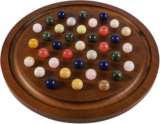 15.7 Inches Extra Large Solitaire Marble Game Set Wood with 36 Multicolors Natural Stone Marbles Pieces Adults Classic Deluxe Game for Night Party and Gatherings