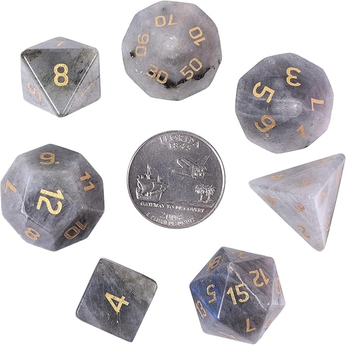 TUMBEELLUWA Engraved Crystal Stone Polyhedral Dice Set for RPG MTG Dungeons and Dragons Table Game 7 Pieces DND Board Game Dices with Pouch, Labradorite