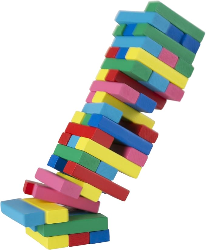 Classic Wooden Blocks Stacking Game with Colored Wood and Carrying Bag for Indoor and Outdoor Play for Adults, Kids, Boys and Girls, 48 Blocks