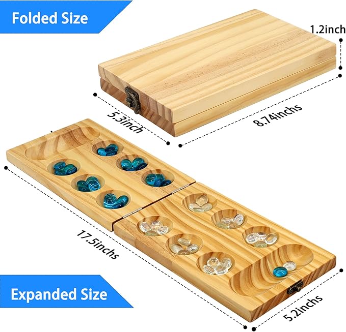 Wooden Mancala Board Game Set - Portable and Educational Two-Player Strategy Game for Family Fun and Relaxation